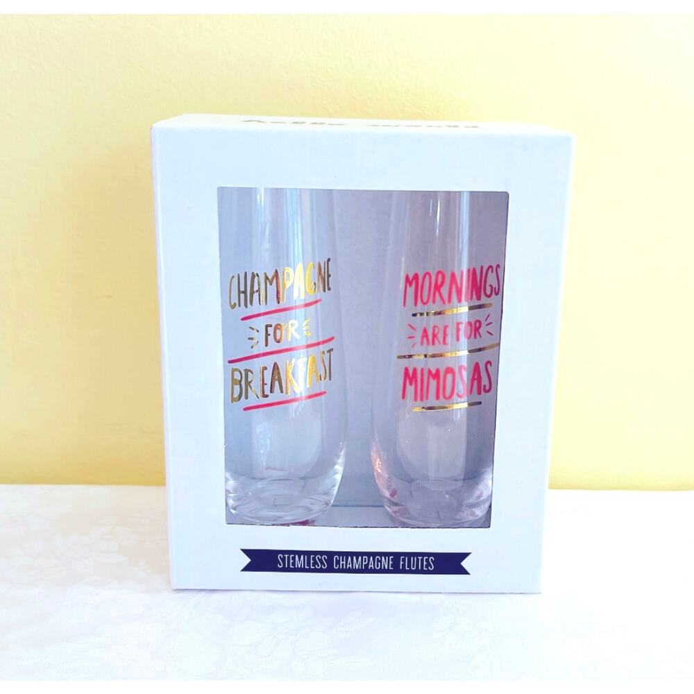 2 Stemless Champagne Mimosas Flute Glasses Hello World Gift Set About Face